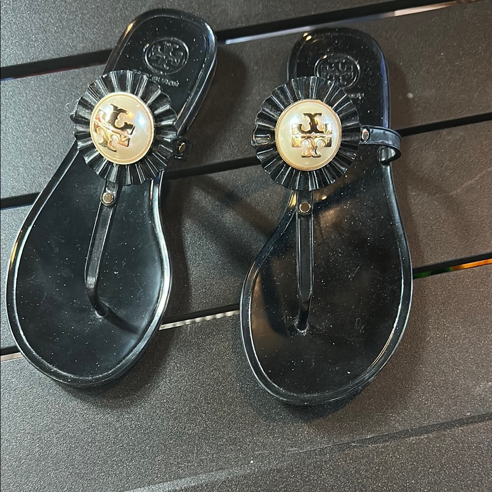 Tory Burch Black Jelly Sandals with Gold Medallion